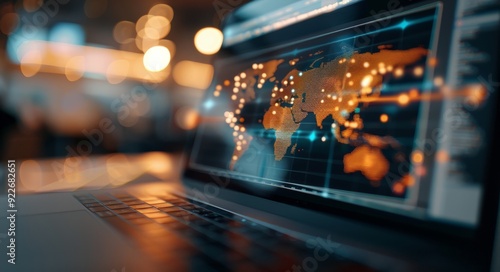 Global Data Visualization On Laptop Screen At Night