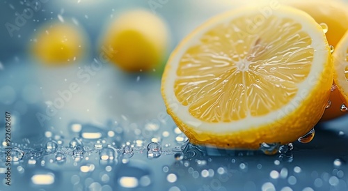 Fresh Lemon Slice on Table With Water Droplets and Soft Lighting
