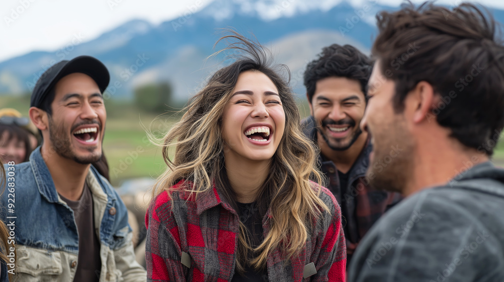 Joyful Friends Laughing Together in Mountainous Landscape Joyful Friends Laughing Together in Mountainous Landscape