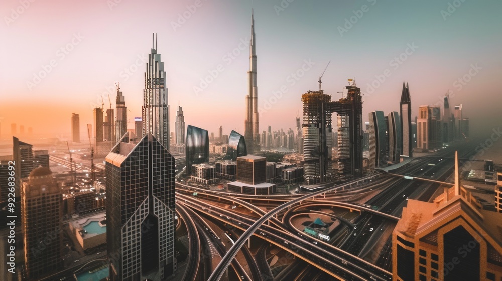 Obraz premium A stunning skyline view of a modern city at sunset. Tall buildings reflect vibrant colors. This urban landscape captures the essence of contemporary architecture and growth. AI