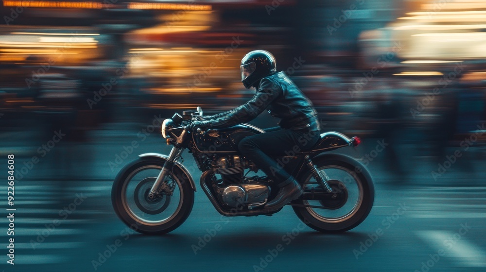 Fototapeta premium A Motorcyclist Speeds Through a Blurred Cityscape at Night