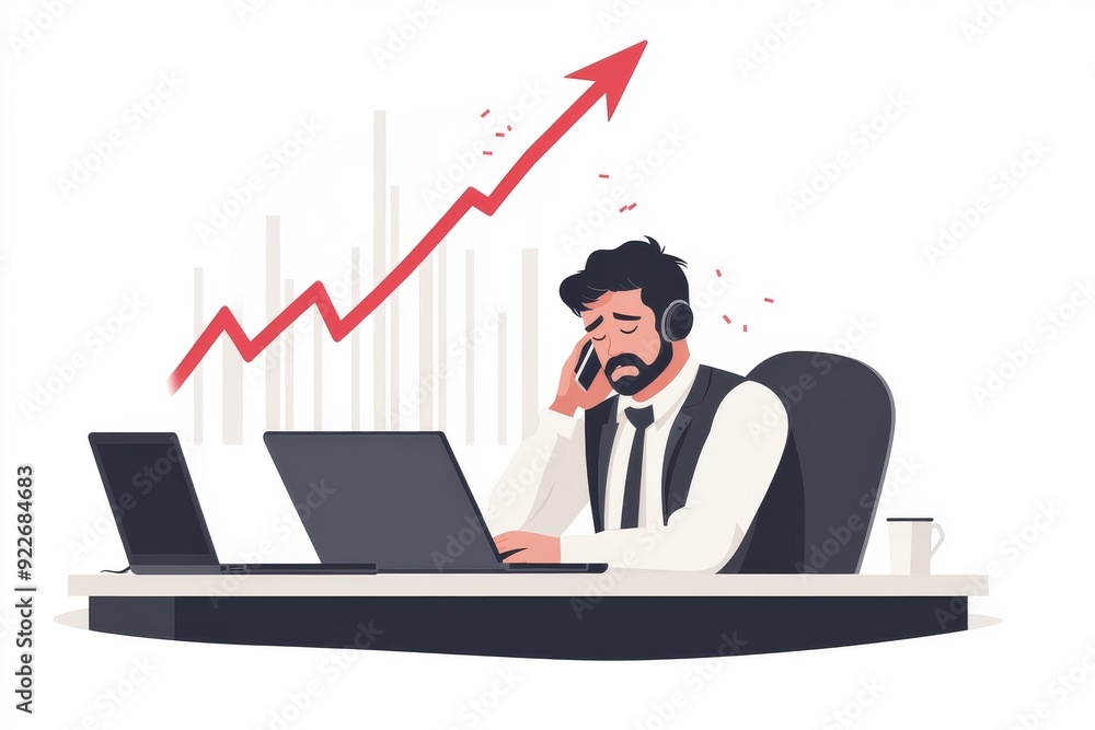 Businessman managing stress at work with rising graph behind him Businessman managing stress at work with rising graph behind him