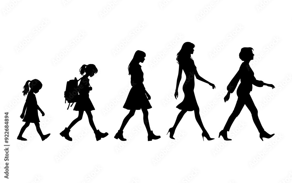 Obraz premium Vector illustration. Silhouette of growing up man from baby to old age. Many people of different ages in a row