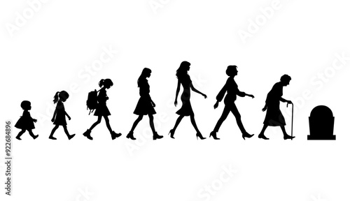 Vector illustration. Silhouette of growing up man from baby to old age. Many people of different ages in a row