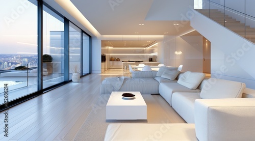 Modern Open Concept Living Room Overlooking Urban Skyline at Dusk