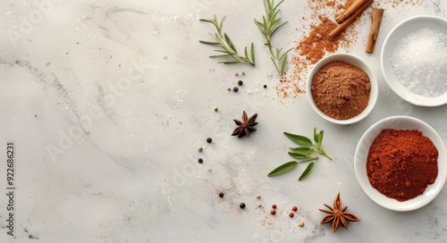 Various Spices and Herbs Arranged Neatly on a Marble Surface