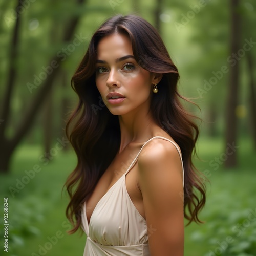 Beautiful woman in the forest during summer