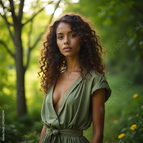 Beautiful woman in the forest during summer