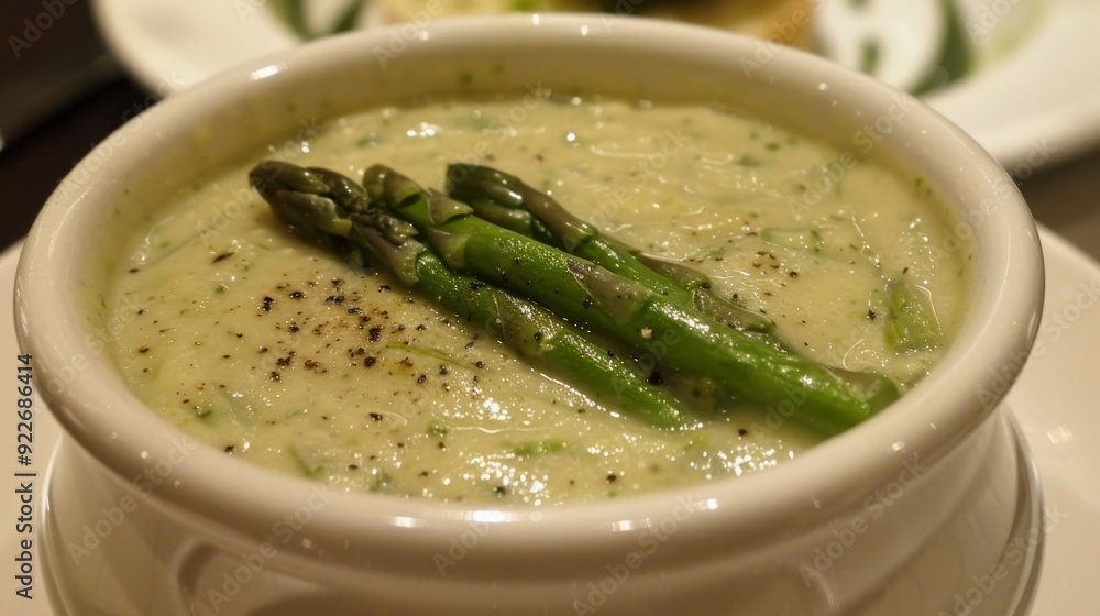 Creamy Asparagus Soup Bowl Garnished with Fresh Specks. Truffled Cream of Asparagus Soup Creamy Asparagus Soup Bowl Garnished with Fresh Specks. Truffled Cream of Asparagus Soup