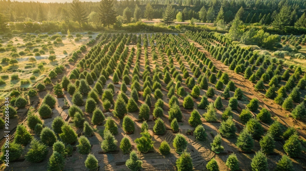 Fototapeta premium Aerial View of Lush Orchard at Sunrise with Rolling Hills