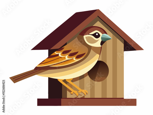 Nichoir confortable décoratif en bois pour petite habitation de moineau brun isolé sur fond blanc 
