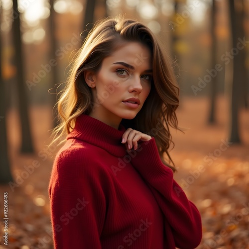 Beautiful woman in the forest during autumn