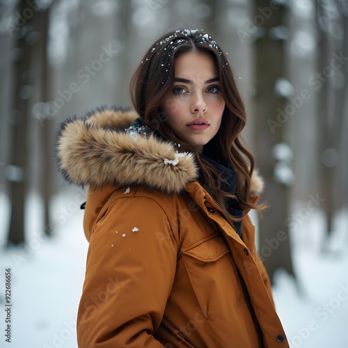 Beautiful woman in the forest during winter