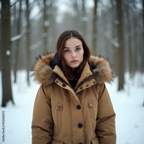 Beautiful woman in the forest during winter
