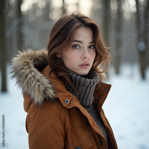 Beautiful woman in the forest during winter