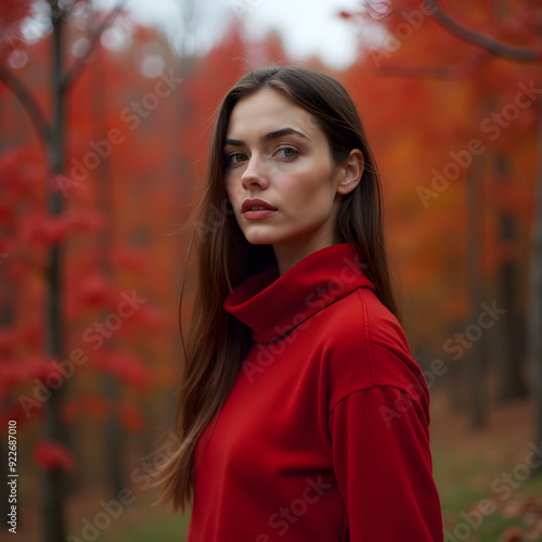 Beautiful woman in the forest during autumn