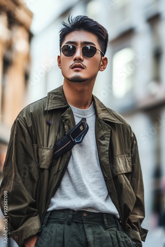 Stylish Young Asian Man in Sunglasses Posing in the City