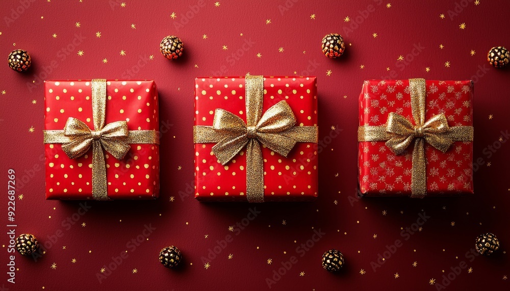 Fototapeta premium Festive Red Christmas Gifts with Golden Bows on a Starry Background