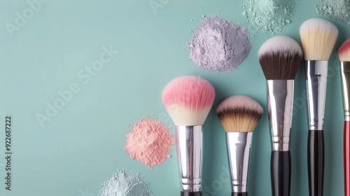 Different Makeup Brushes Organized on a Light Blue Background