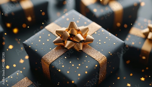 Elegant Black Gift Box with Golden Bow on Dark Background