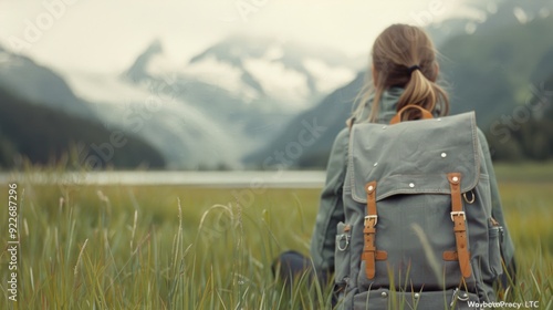 Woman Sitting in Grass With Backpack Overlooking Mountain Landscape at Dusk