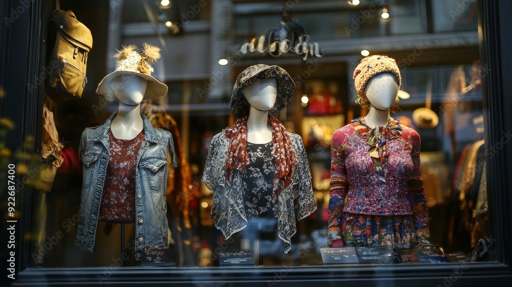 Fototapeta premium Fashionable Mannequins Displaying Women's Apparel in Storefront