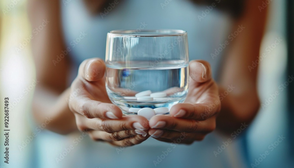 Woman Holding Glass of Water and Pills Woman Holding Glass of Water and Pills