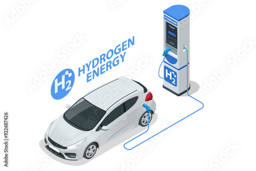 Isometric Hydrogen energy car. Alternative energy and zero emission. Hydrogen powered transportation. Green energy