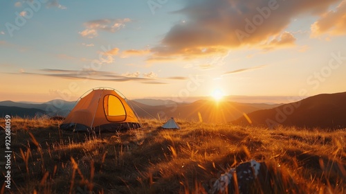 Sunset Camping at Mountain View Overlooking Valley Landscape
