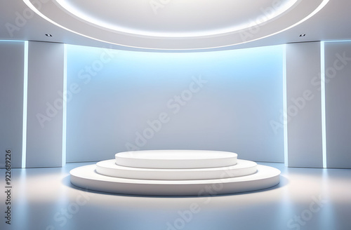 White podium in a white 3d room with light effects creating volume. Minimalist round pedestal for product placement and advertising.