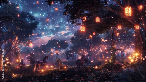 Enchanted Forest with Magical Lanterns and Mystical Creatures