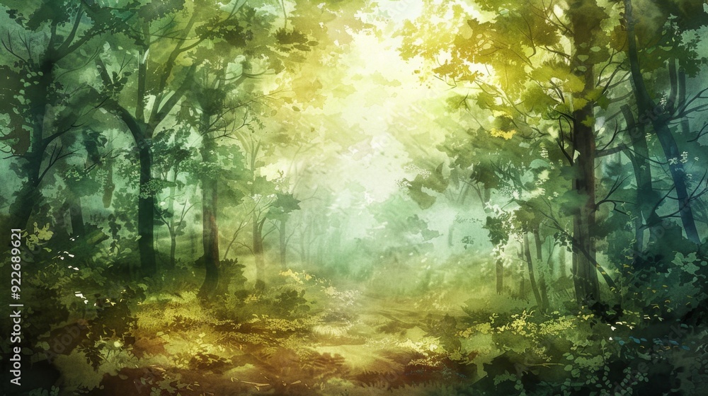 Obraz premium Enchanted Forest Sunrays Filtering Through Trees