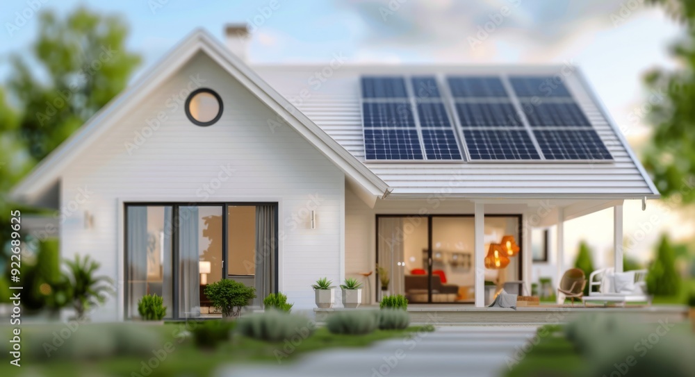 Modern Home With Solar Panels in Bright Daylight Modern Home With Solar Panels in Bright Daylight