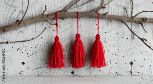 Red Decorative Tassels Hanging on a Branch Against a Rustic White Background