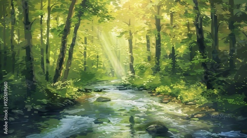 Enchanted Forest Stream Bathed in Sunlight