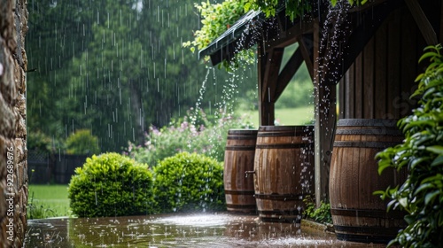 Rain Barrels Collecting Water Beside Cozy House during Rainfall photo