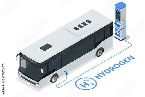 Isometric Hydrogen energy bus. Alternative energy and zero emission. Hydrogen powered transportation. Green energy