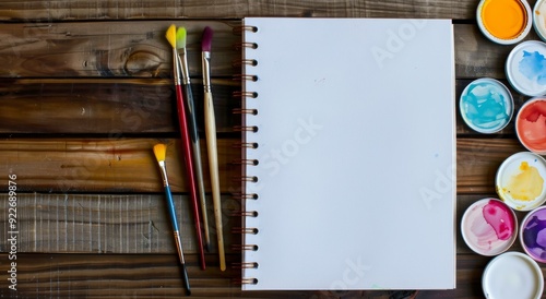 Blank Sketchbook and Paints On Wooden Table in Natural Light