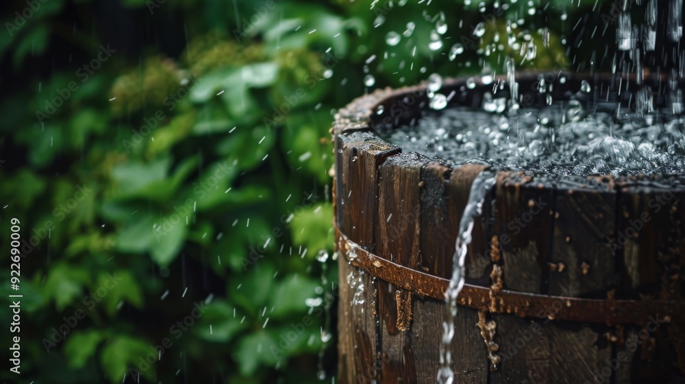 Fototapeta premium Overflowing Wooden Barrel in Rainy Garden Scene