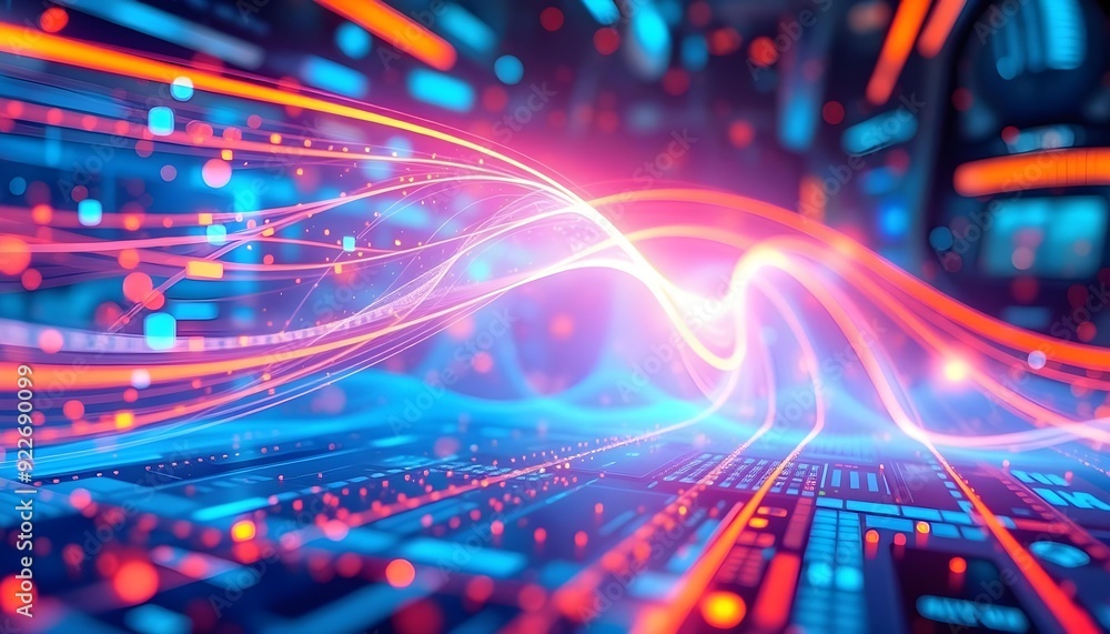 Tech background with blue nad pink neon lights symbolizing speed connection Tech background with blue nad pink neon lights symbolizing speed connection