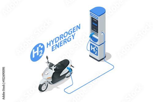 Isometric Hydrogen energy motorcycle. Alternative energy and zero emission. Hydrogen powered transportation. Green energy