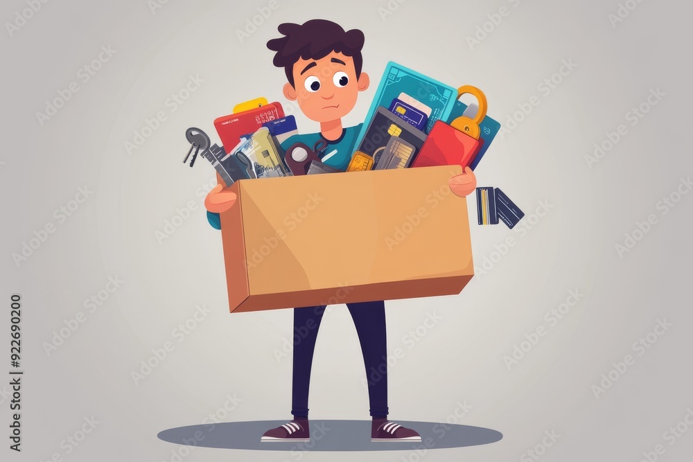 Cartoon man carrying an oversized cardboard box with various items including keys and cards Cartoon man carrying an oversized cardboard box with various items including keys and cards