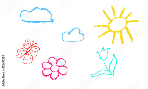 Crayon doodle drawn texture elements set. Vector