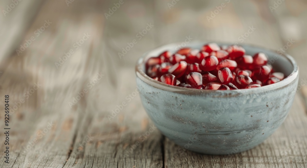Freshly Harvested Pomegranate Seeds in Rustic Bowl on Weathered Wooden Table Freshly Harvested Pomegranate Seeds in Rustic Bowl on Weathered Wooden Table