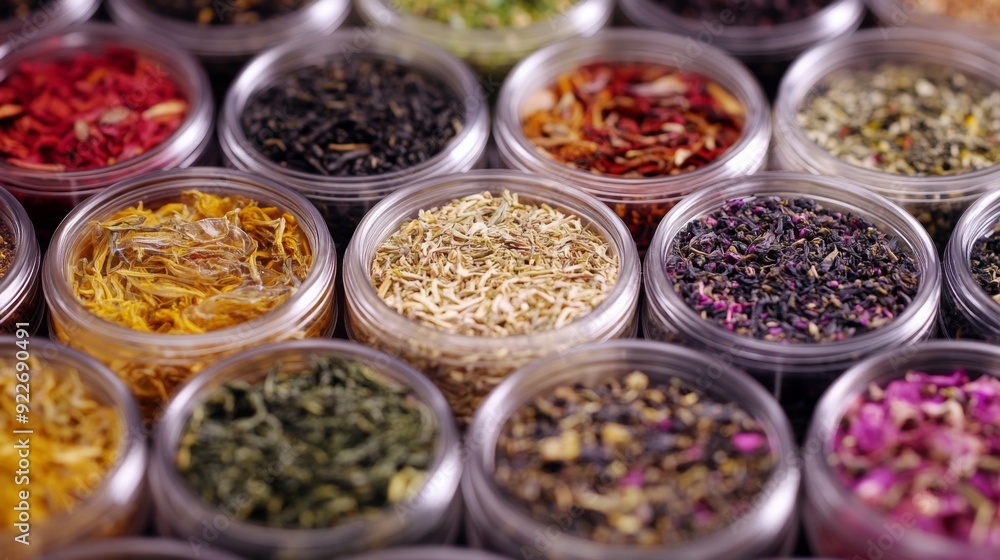 Vibrant Assortment of Loose Leaf Teas in Glass Jars Vibrant Assortment of Loose Leaf Teas in Glass Jars