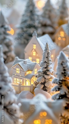 Snowy festive village with cozy houses and decorated roofs under twinkling lights.... photo