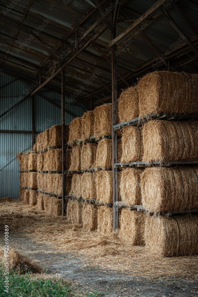 Rustic Barn Interior Bathed in Sunlight with Hay Bales Rustic Barn Interior Bathed in Sunlight with Hay Bales