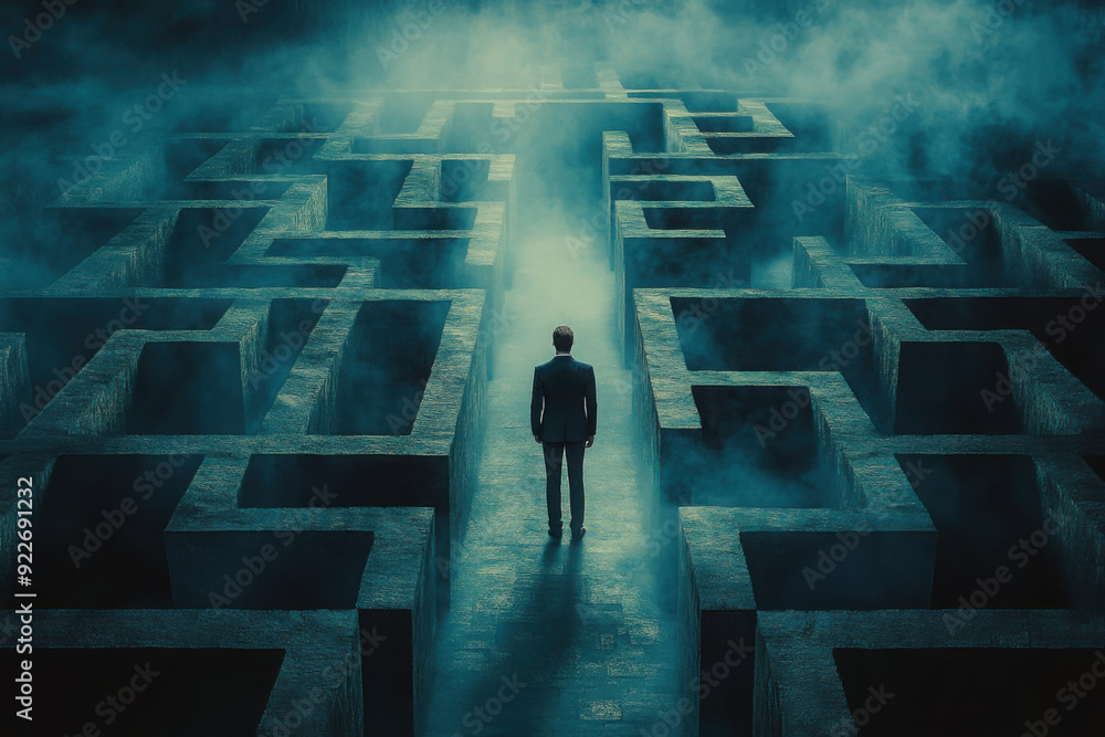 Businessman standing in middle of a maze looking for the right way out, problems and solutions concept Businessman standing in middle of a maze looking for the right way out, problems and solutions concept