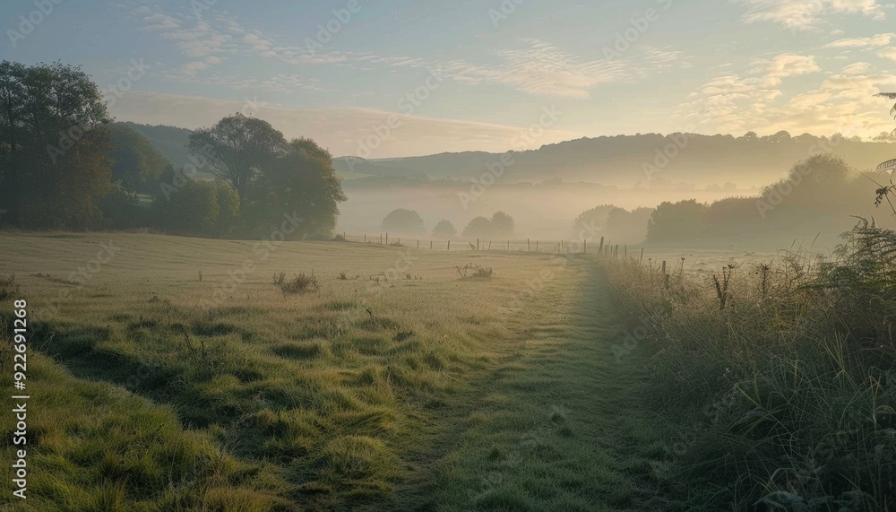 Golden Sunrise Over Misty Fields with Vibrant Sky Golden Sunrise Over Misty Fields with Vibrant Sky
