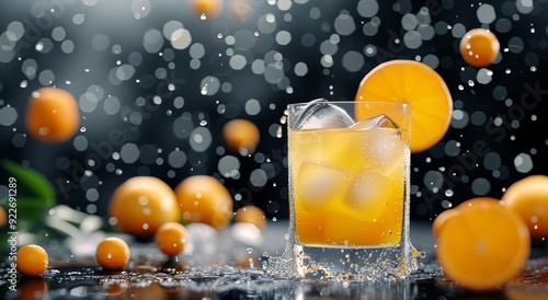 Refreshing Citrus Drink With Ice and Oranges Splashing on Dark Background